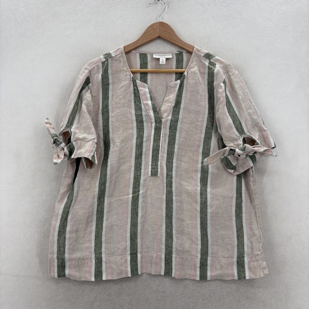 Charter Club Blouse Womens XL Multicolor Linen Striped V Neck Short Sleeve Tunic